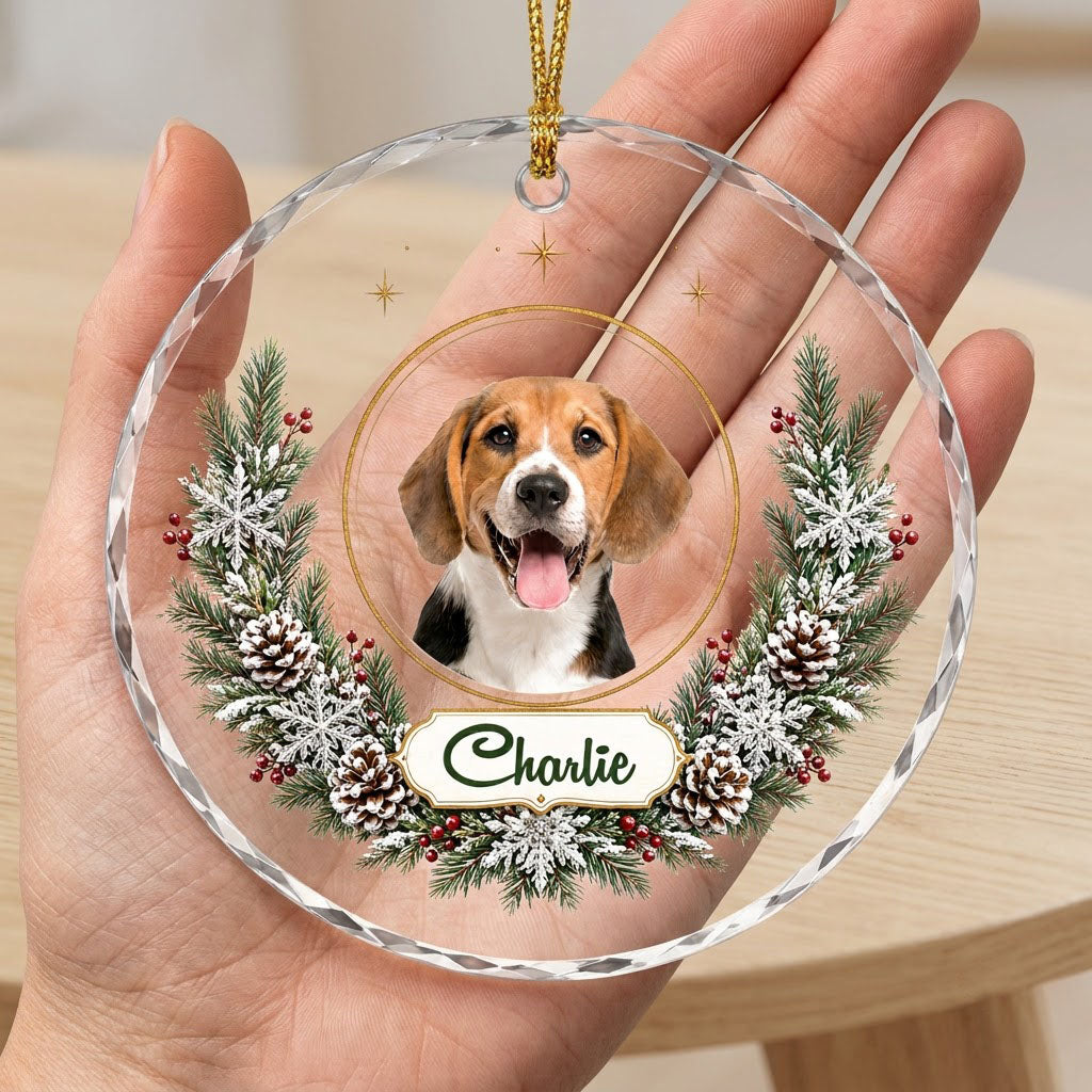 Personalized Dog Photo Holiday Wreath Round Glass Ornament