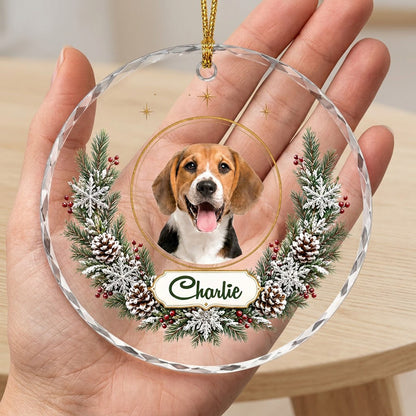 Personalized Dog Photo Holiday Wreath Round Glass Ornament