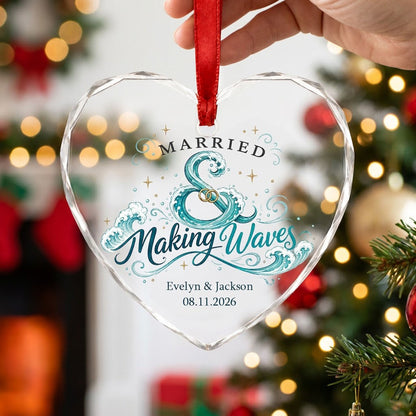 Personalized Married & Making Waves Coastal Heart Glass Ornament