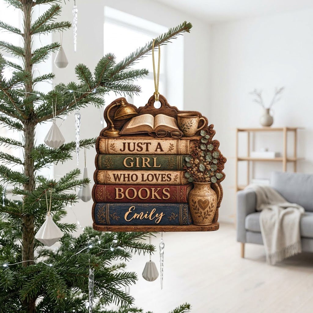 Bookshelf-shaped wood ornament with lamp, open book, teacup, vase, and Just a Girl Who Loves Books text.