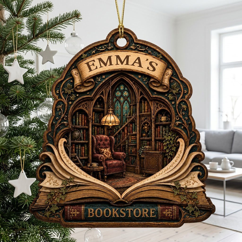 Arched wood ornament with an open-book frame, vintage library scene, ivy accents, and BOOKSTORE text with a personalized
