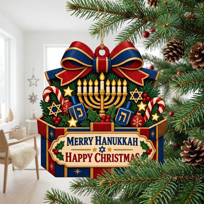 Gift box-shaped wood ornament with menorah, dreidels, candy canes, holly, stars, and Merry Hanukkah Happy Christmas text
