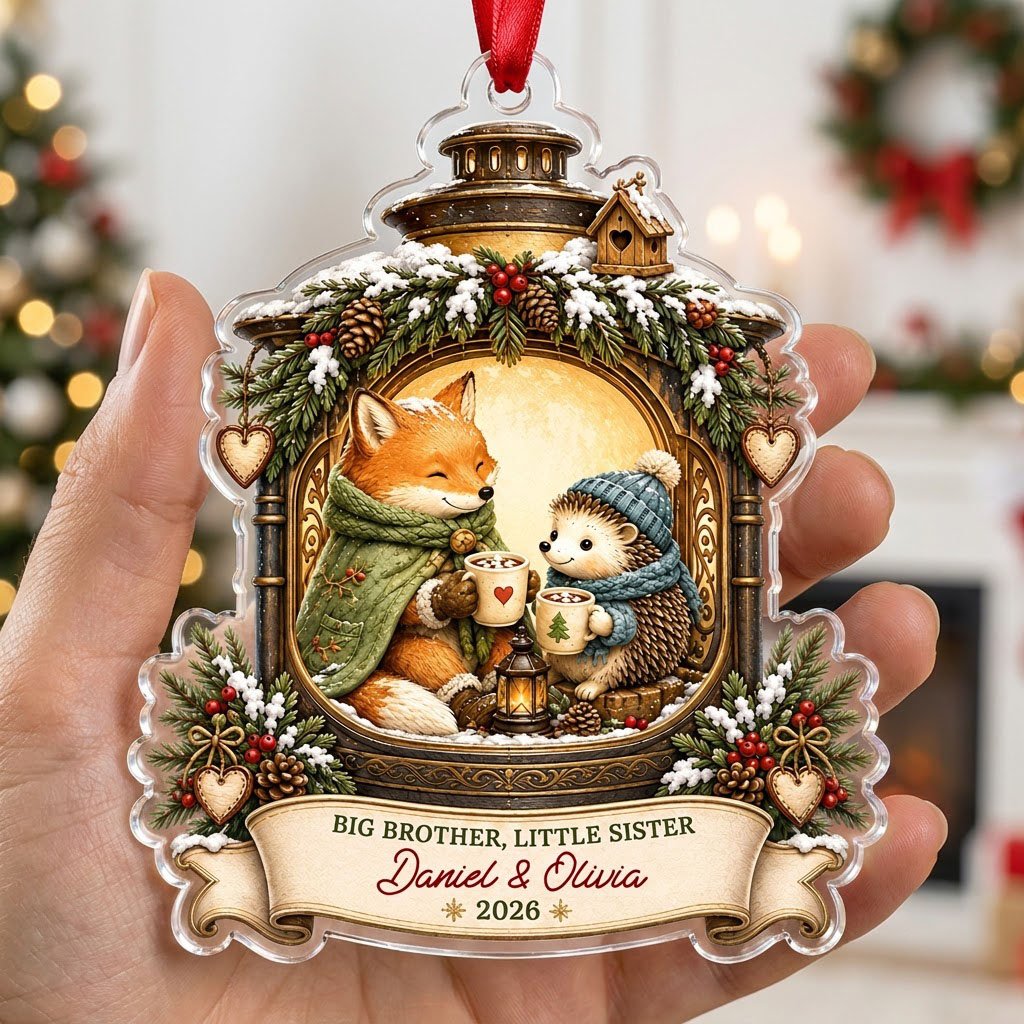 Acrylic ornament with lantern frame, fox and hedgehog with cocoa, 'BIG BROTHER, LITTLE SISTER', and names with year.