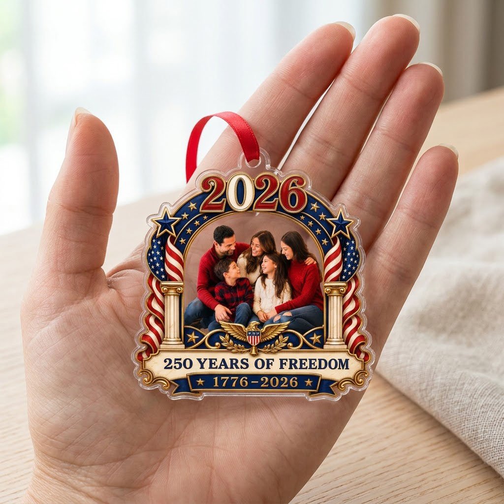 Ornate arched acrylic ornament with 2026, flag-draped columns, eagle emblem, and a central family photo frame