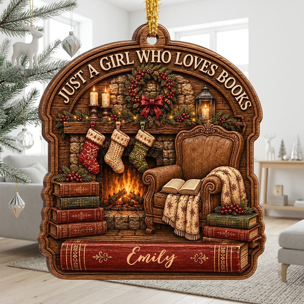 Wood ornament with fireplace, wreath, stockings, armchair and books, plus 'Just a Girl Who Loves Books' and a name.