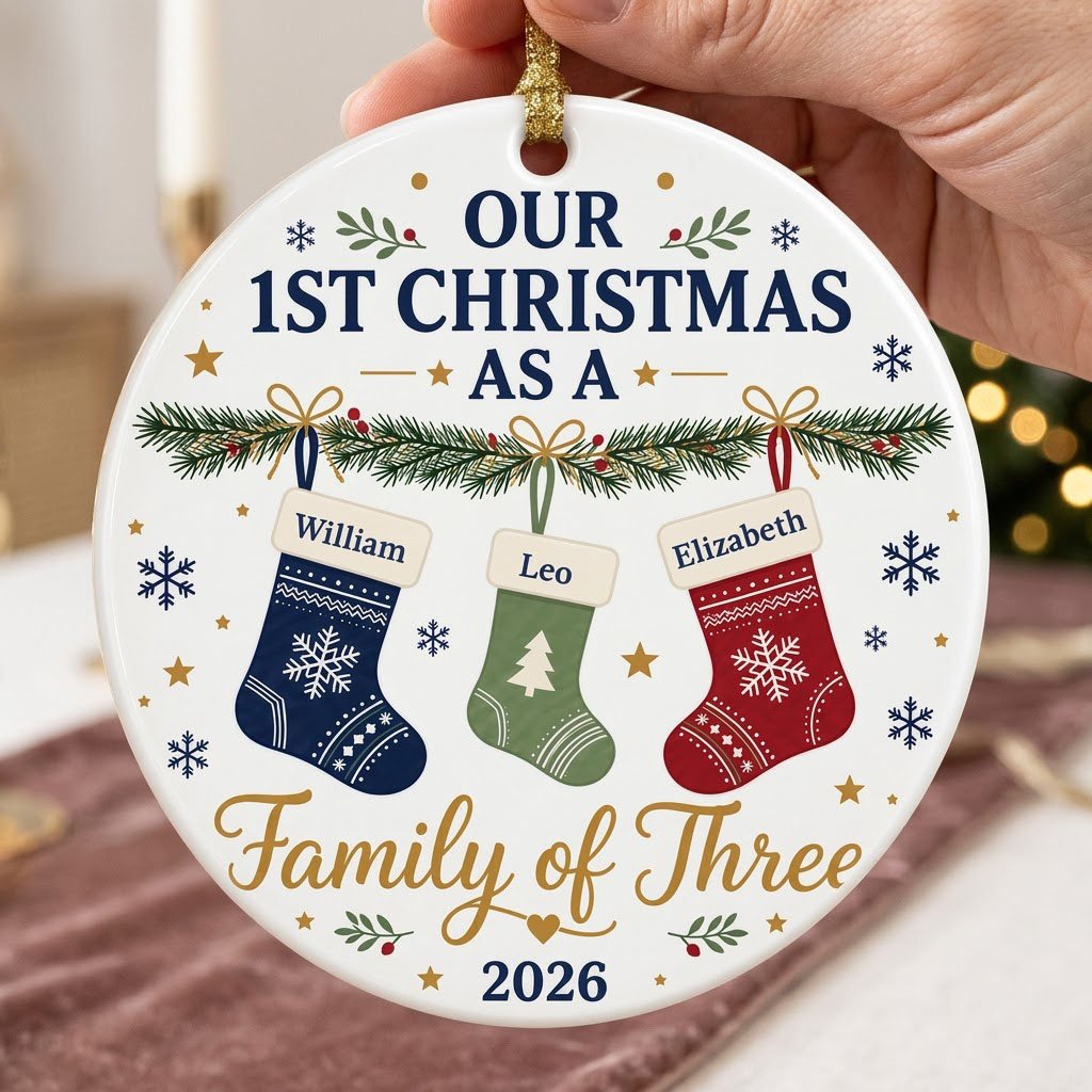 Round white ceramic ornament with garland, three stockings, and 'OUR 1ST CHRISTMAS AS A Family of Three 2026' text with 