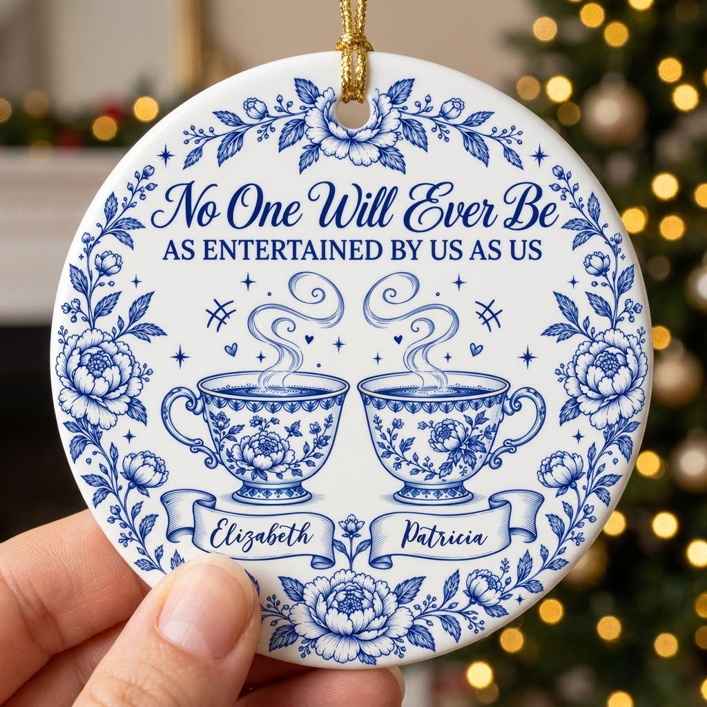 Round white ceramic ornament with blue floral border and two teacups, personalized with two names
