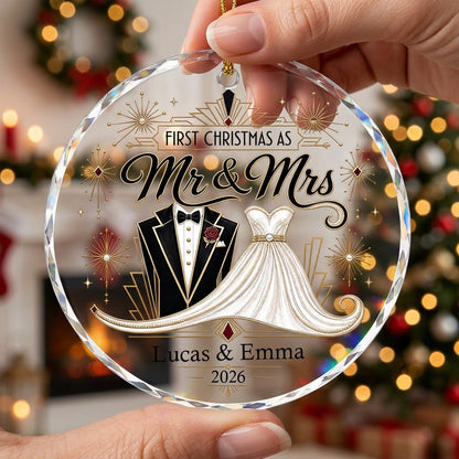 Personalized First Christmas as Mr & Mrs Art Deco Tuxedo Gown Round Glass Ornament