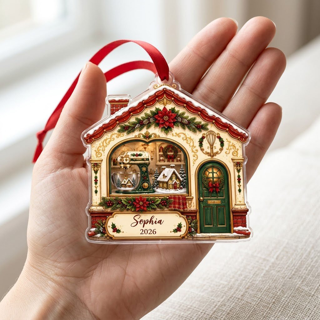 House-shaped acrylic ornament with baking scene, stand mixer, wreaths, and name and year on the bottom banner.