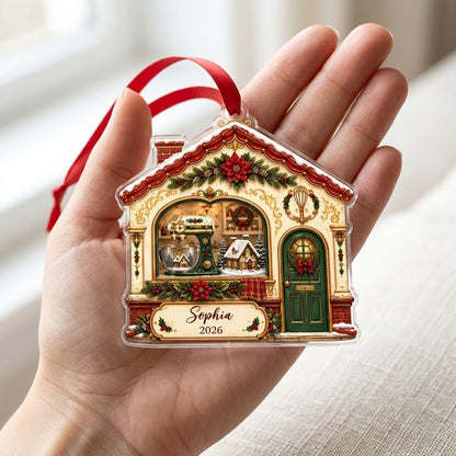 House-shaped acrylic ornament with baking scene, stand mixer, wreaths, and name and year on the bottom banner.