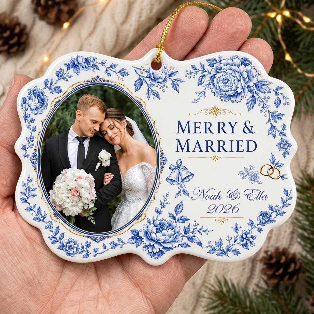 Scalloped ceramic ornament with blue floral border, 'MERRY & MARRIED', gold rings and bells, and a couple photo frame.