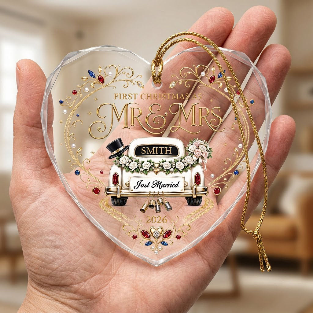 Personalized First Christmas as Mr & Mrs Vintage Getaway Car Heart Glass Ornament