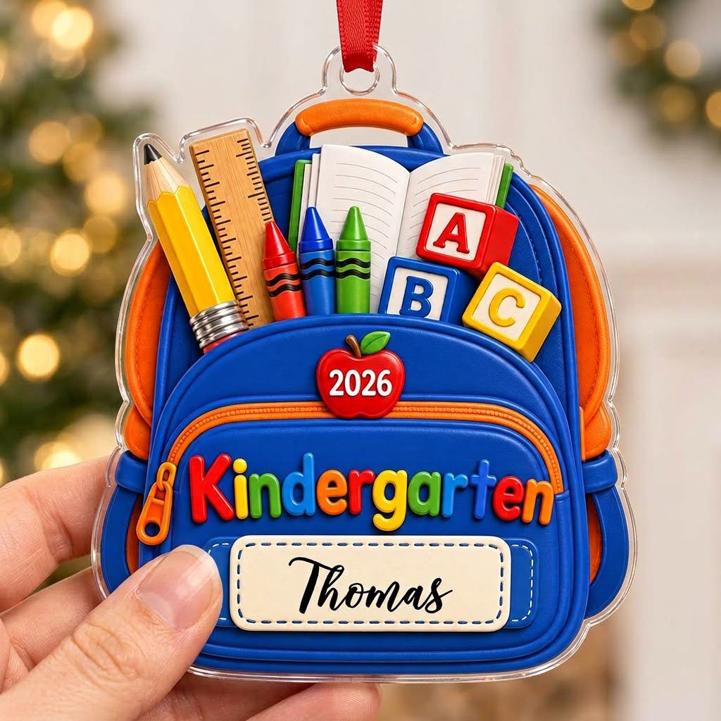 Acrylic ornament cut as a blue and orange school backpack with ABC blocks, 2026, Kindergarten, and a personalized name l