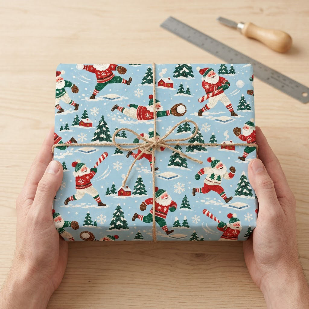 Light blue wrapping paper with Santa playing baseball, pine trees, small red houses, bases, and snowflakes in a repeatin