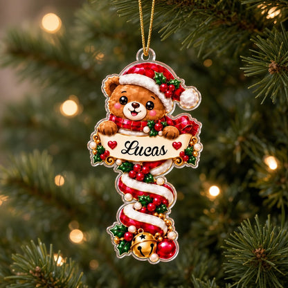 Custom-cut acrylic ornament with Santa or penguin holding a name banner on a red-and-white candy cane.