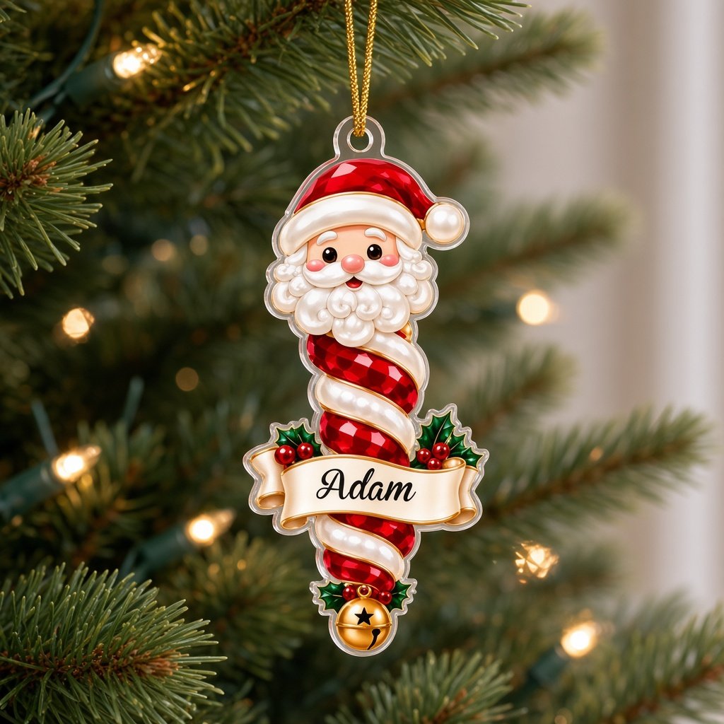 Custom-cut clear acrylic ornaments: a Christmas tree finial and a Mrs. Claus finial with cream name banners.