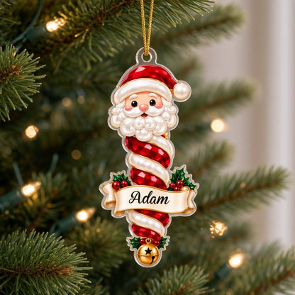 Custom-cut clear acrylic ornaments: a Christmas tree finial and a Mrs. Claus finial with cream name banners.