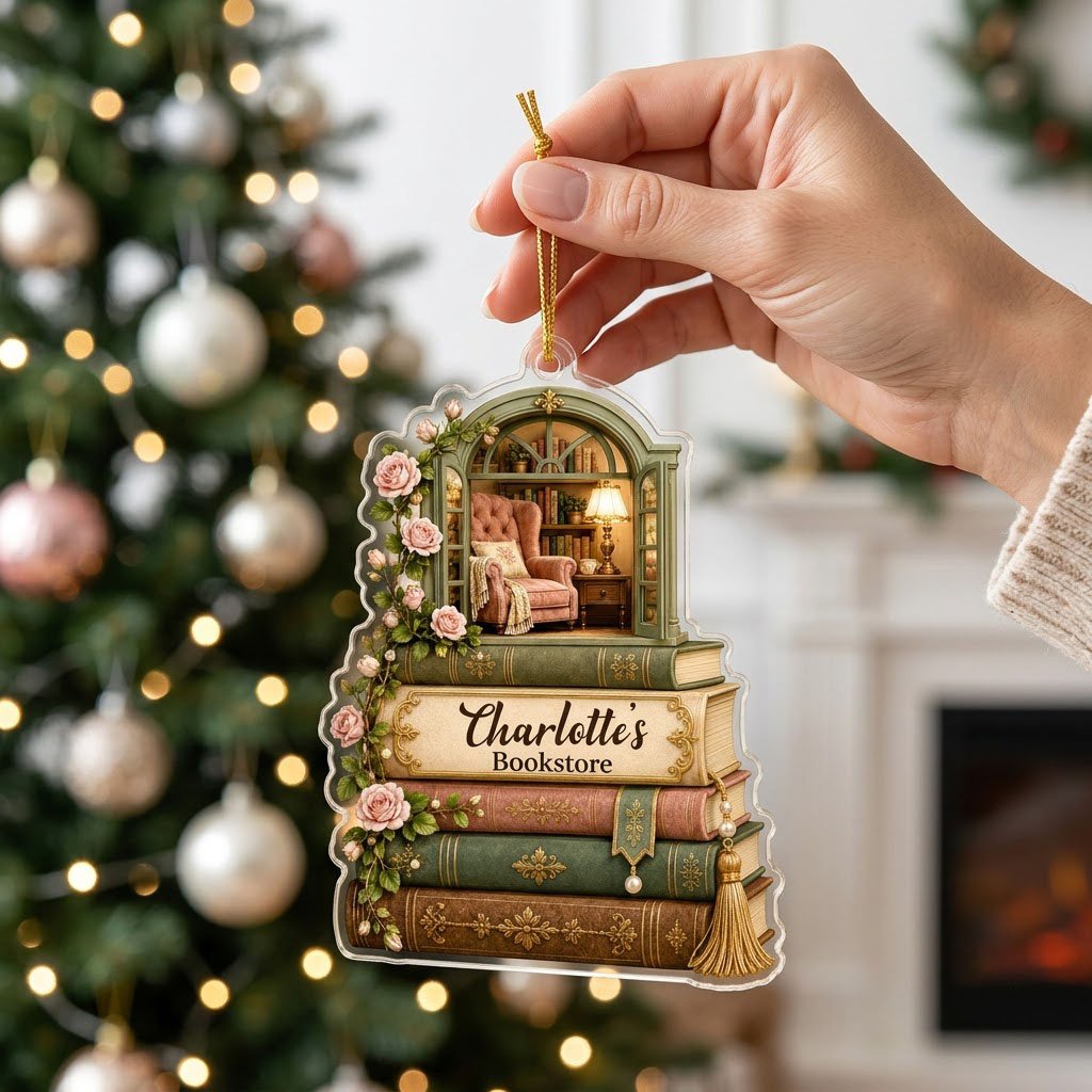 Personalized Stack of Books Reading Nook Acrylic Ornament, Custom Book Lover Keepsake