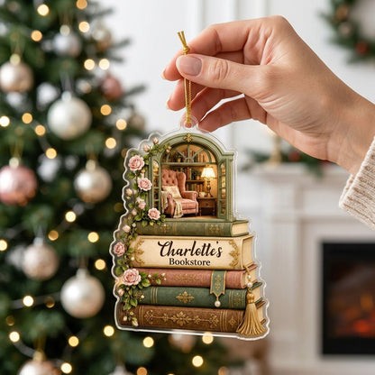 Personalized Stack of Books Reading Nook Acrylic Ornament, Custom Book Lover Keepsake