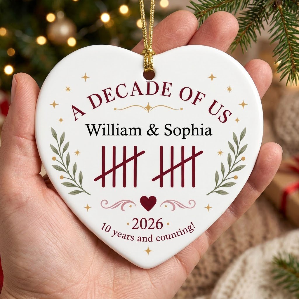 Heart ceramic ornament with 'A Decade of Us', • 2026 •, tally marks, green branches, gold stars, and couple names.