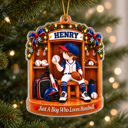 Acrylic ornament of a Christmas baseball locker room with a boy in uniform and the text Just A Boy Who Loves Baseball.