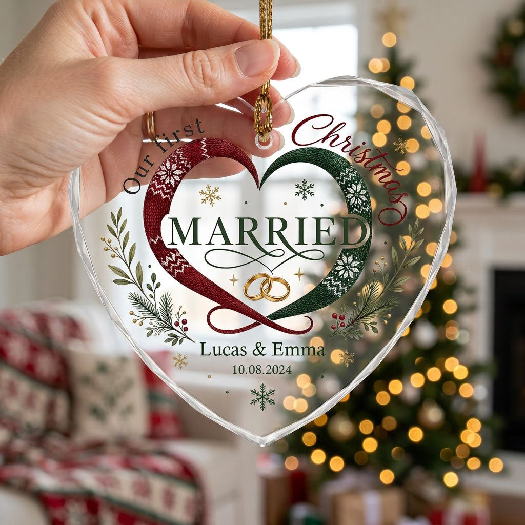 Personalized Our First Christmas Married Scarf Heart Glass Ornament