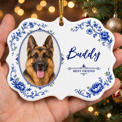 Ornate scalloped ceramic medallion ornament with blue Delft floral frame, custom dog photo, and 'BEST FRIEND' text
