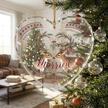 Personalized Married Deer Mistletoe Heart Glass Ornament