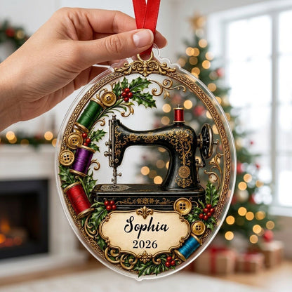 Personalized Vintage Sewing Machine Acrylic Ornament, Custom Quilter Seamstress Holiday Keepsake