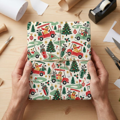 Cream wrapping paper with golden retrievers driving red and green golf carts among Christmas trees and golf icons.