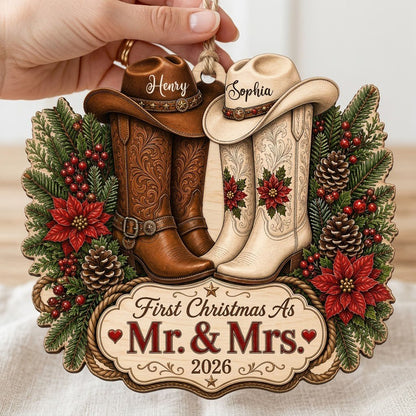 Personalized Western Cowboy Boots First Christmas as Mr & Mrs Wooden Ornament