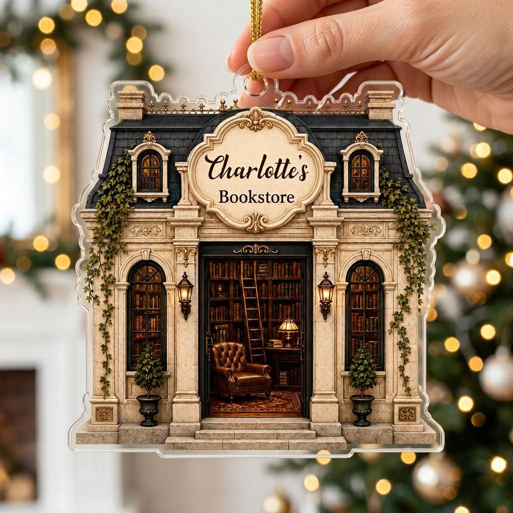 Personalized French Parisian Bookstore Acrylic Ornament, Custom Book Lover Keepsake