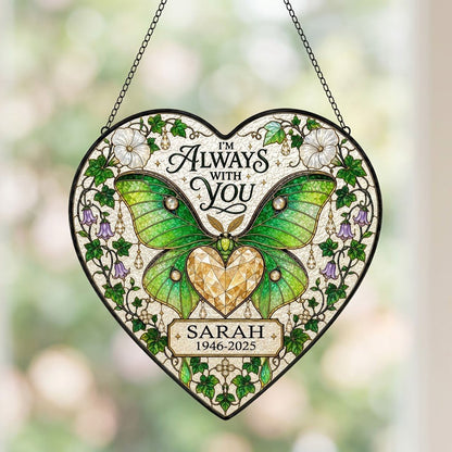 Personalized Luna Moth Memorial I'm Always With You Heart Stained Glass Suncatcher