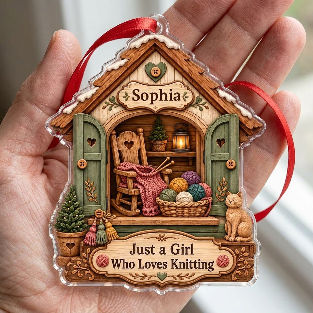 House-shaped acrylic ornament with cozy knitting shed scene and 'Just a Girl Who Loves Knitting' text.