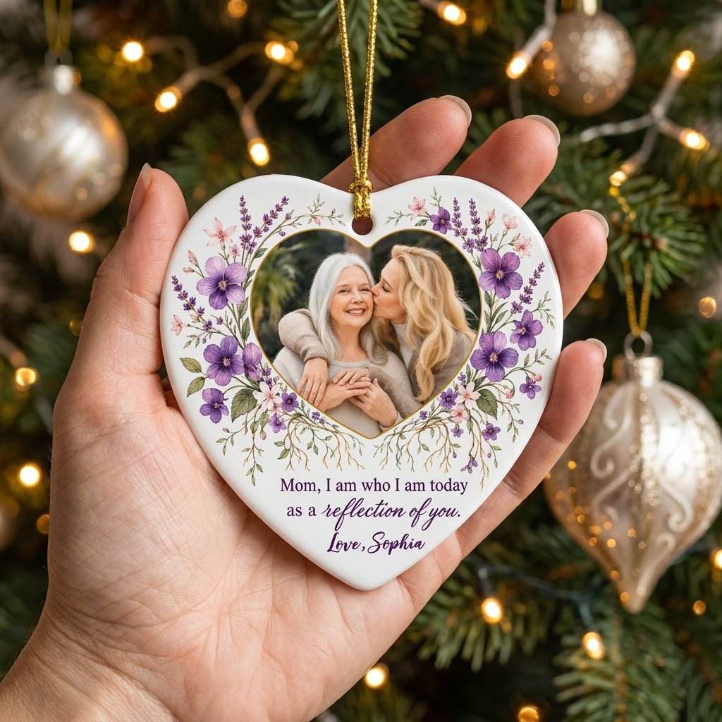 Heart ceramic ornament with a gold-edged heart photo and purple watercolor florals around the message for Mom.