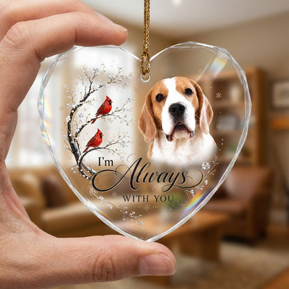 Personalized Dog Memorial Photo I'm Always With You Red Cardinals Heart Glass Ornament