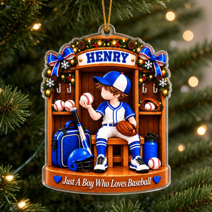 Acrylic ornament of a baseball locker with a boy in uniform and 'Just A Boy Who Lovs Baseball' at the bottom.
