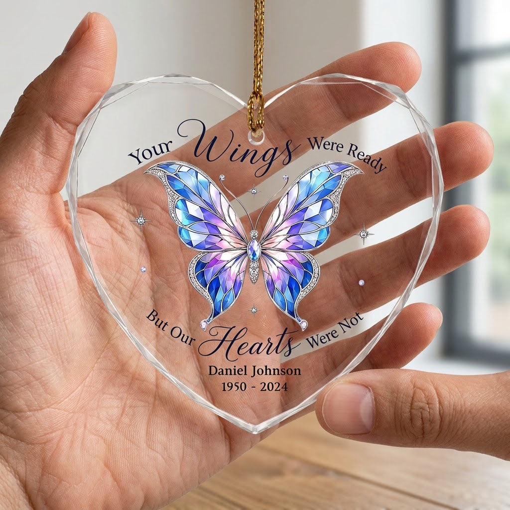 Personalized Butterfly Memorial Your Wings Were Ready Jeweled Heart Glass Ornament