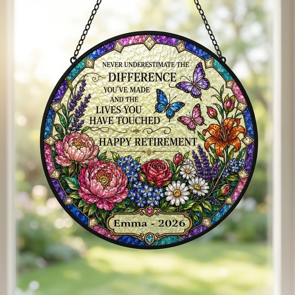 Personalized Retirement Floral Garden Never Underestimate The Difference Happy Retirement Stained Glass Round Suncatcher