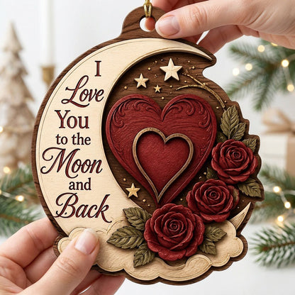 Custom-cut wood ornament with a crescent moon, red heart, three red roses, gold stars, and clouds.