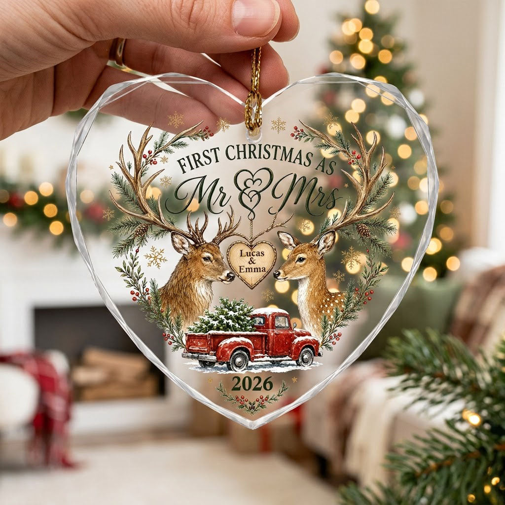 Personalized First Christmas as Mr & Mrs Deer Antlers Red Truck Heart Glass Ornament