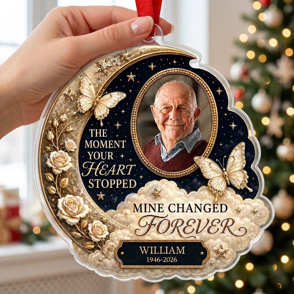Personalized Golden Butterfly Crescent Moon Photo Memorial Acrylic Ornament