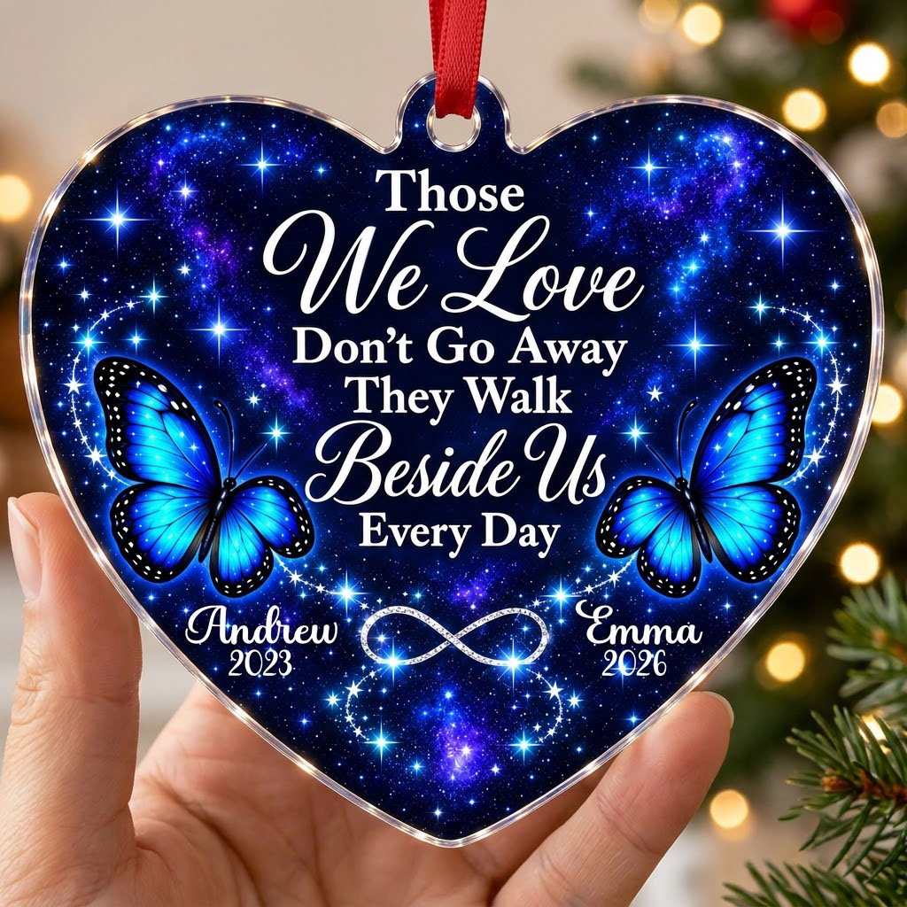 Heart acrylic ornament with blue butterflies, starry galaxy background, and the memorial quote with name and year.