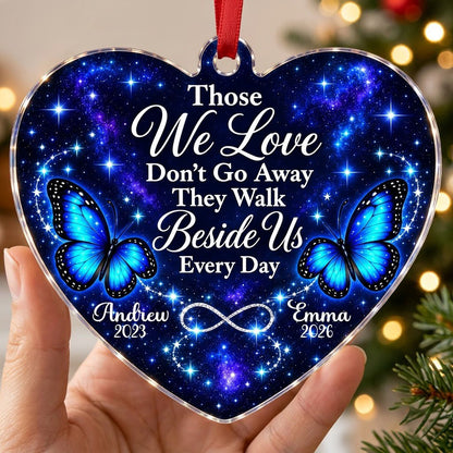 Heart acrylic ornament with blue butterflies, starry galaxy background, and the memorial quote with name and year.