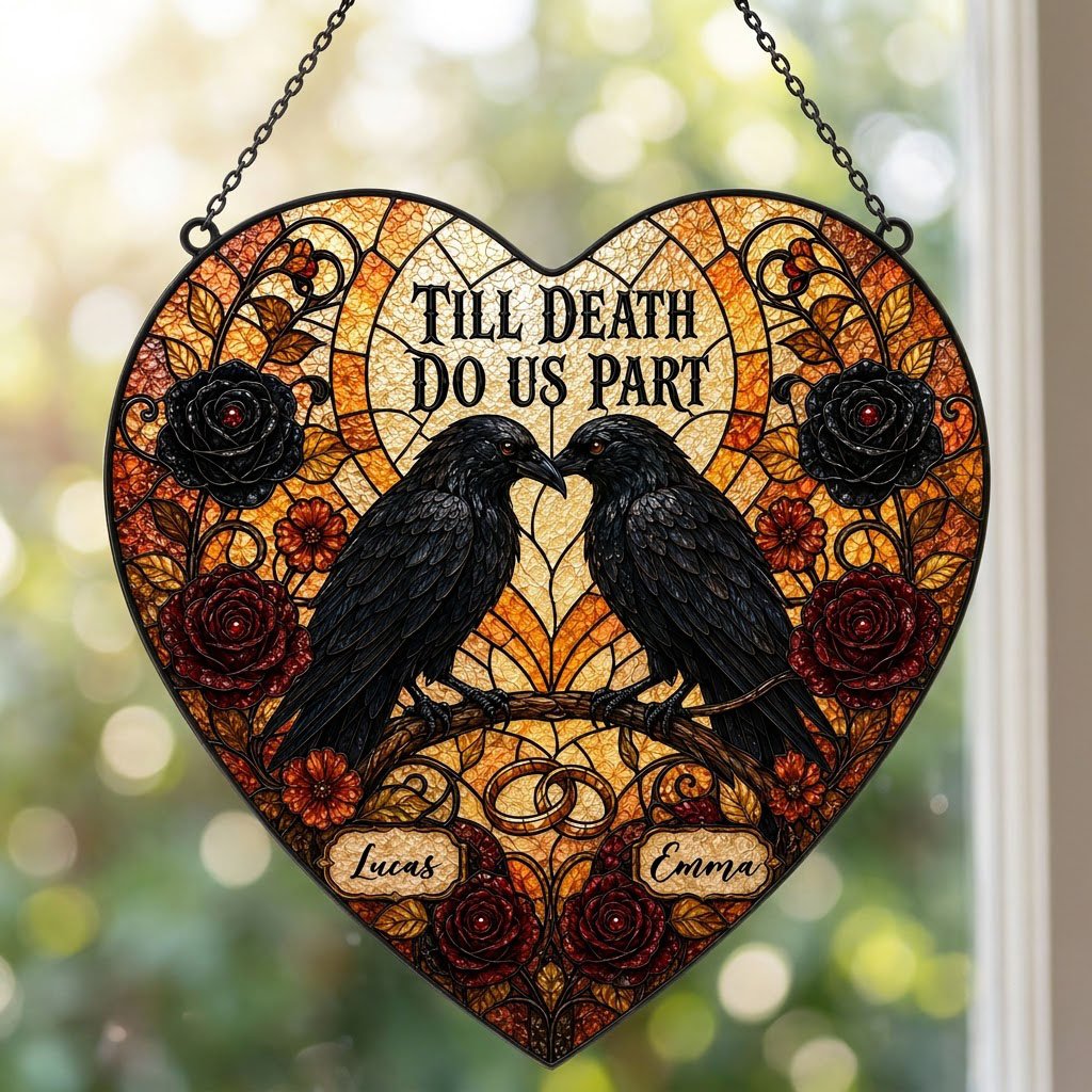 Personalized Gothic Raven Couple Till Death Do Us Part Heart Stained Glass Suncatcher