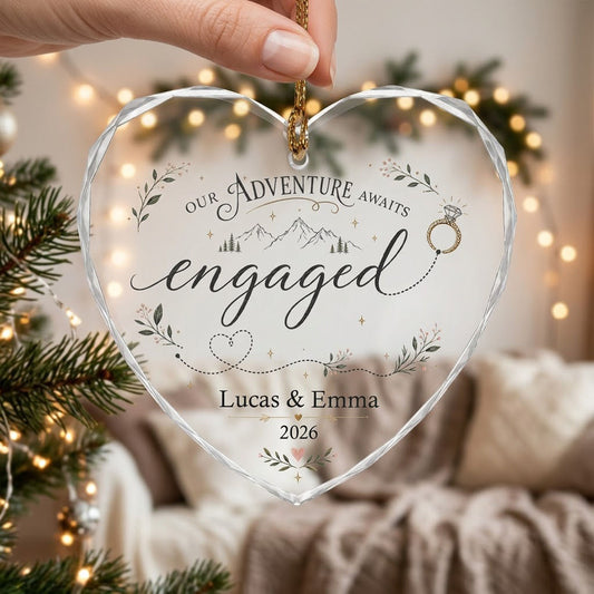 Personalized Our Adventure Awaits Engaged Mountain Heart Glass Ornament