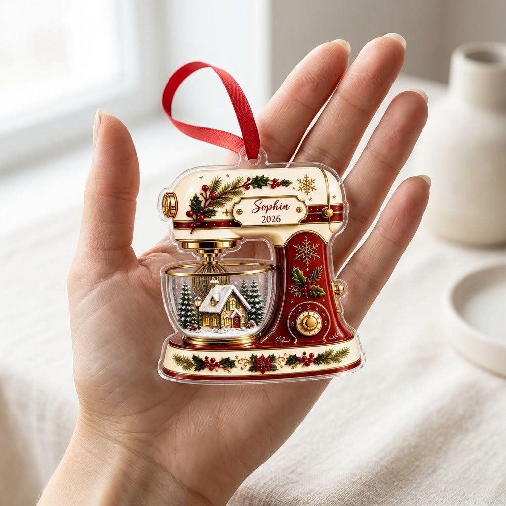 Stand mixer-shaped acrylic ornament with holly, gold snowflakes, and a snowy cottage scene in a glass bowl.