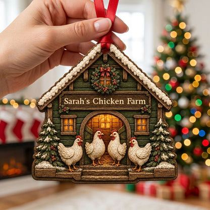 Personalized Winter Chicken Coop Wood Ornament, Custom Farmhouse Keepsake