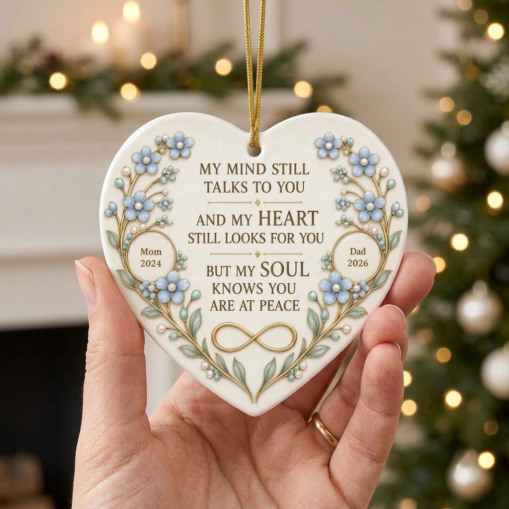 Heart ceramic ornament with light blue forget-me-not flowers, gold vines, and a gold infinity symbol memorial design.