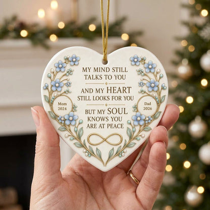Heart ceramic ornament with light blue forget-me-not flowers, gold vines, and a gold infinity symbol memorial design.